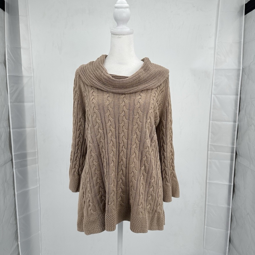 Karen Scott Women's Cable Knit Cowl Neck Sweater M Taupe Soft Cozy Grandmacore‎